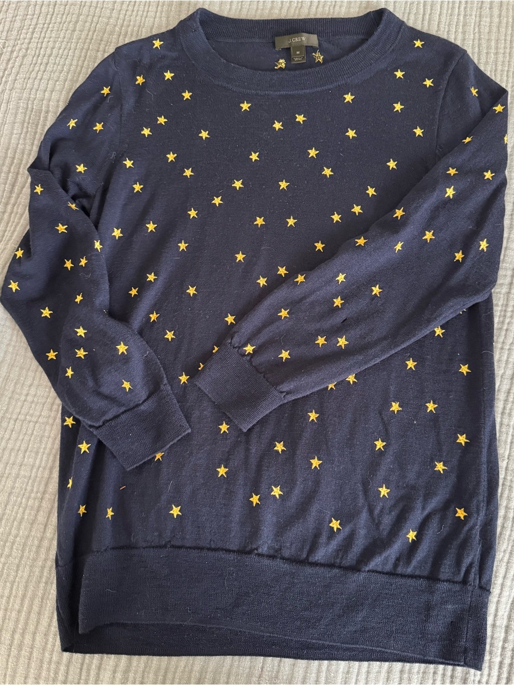 J. Crew Navy Crewneck Sweater with Yellow Star Print